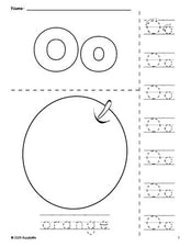 Free printable orange coloring page and letter tracing worksheet, letter o worksheet for preschool, pre-k, and kindergarten, PDF