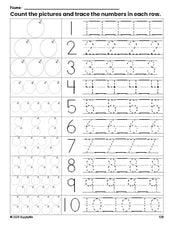 Free printable orange counting worksheet for preschool and pre-k with number tracing practice 1-10, PDF