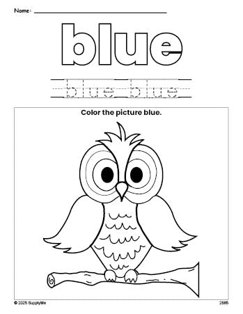 Free owl color blue coloring page and color worksheet, blue worksheet for preschoolers to learn colors, printable PDF