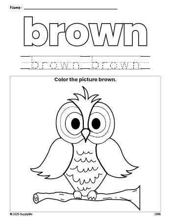 Free owl color brown coloring page and color worksheet, brown worksheet for preschoolers to learn colors, printable PDF