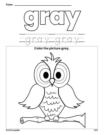 Free owl color gray coloring page and color worksheet, gray worksheet for preschoolers to learn colors, printable PDF