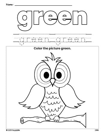 Free owl color green coloring page and color worksheet, green worksheet for preschoolers to learn colors, printable PDF