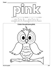 Free owl color pink coloring page and color worksheet, pink worksheet for preschoolers to learn colors, printable PDF