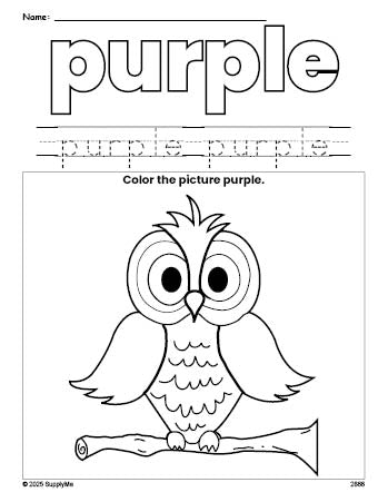 Free owl color purple coloring page and color worksheet, purple worksheet for preschoolers to learn colors, printable PDF