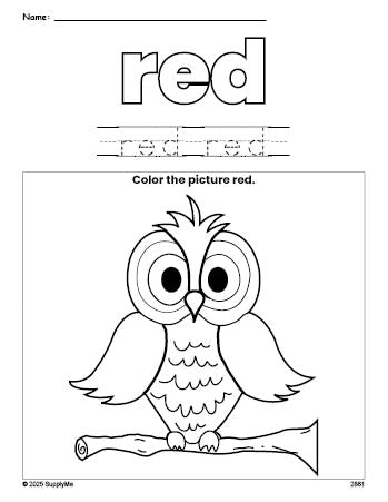 Free owl color red coloring page and color worksheet, red worksheet for preschoolers to learn colors, printable PDF