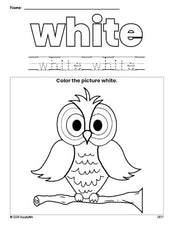 Free owl color white coloring page and color worksheet, white worksheet for preschoolers to learn colors, printable PDF