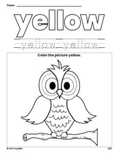 Free owl color yellow coloring page and color worksheet, yellow worksheet for preschoolers to learn colors, printable PDF