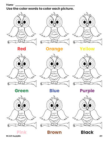 Free owl coloring page and color worksheet for preschoolers to learn colors, printable PDF