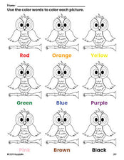 Free owl coloring page and color worksheet for preschoolers to learn colors, printable PDF