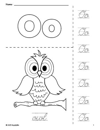 Free printable owl coloring page and cursive letter tracing worksheet, letter o worksheet for preschool, pre-k, and kindergarten, PDF