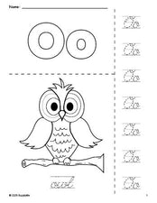 Free printable owl coloring page and cursive letter tracing worksheet, letter o worksheet for preschool, pre-k, and kindergarten, PDF