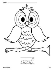 Free printable owl coloring page and cursive word tracing worksheet, perfect for preschool, pre-k, and kindergarten, PDF