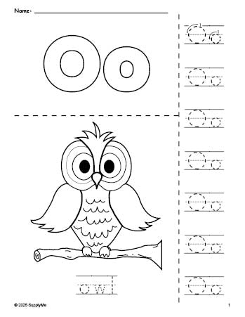 Free printable owl coloring page and letter tracing worksheet, letter o worksheet for preschool, pre-k, and kindergarten, PDF