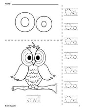 Free printable owl coloring page and letter tracing worksheet, letter o worksheet for preschool, pre-k, and kindergarten, PDF