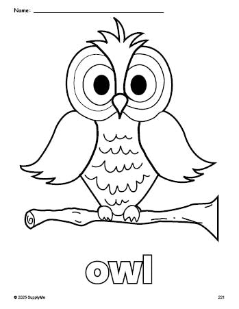 Free printable owl coloring page for preschool, pre-k, and kindergarten, PDF