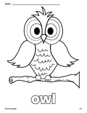 Free printable owl coloring page for preschool, pre-k, and kindergarten, PDF