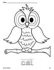 Free printable owl coloring page and word tracing worksheet, letter formation guides, perfect for preschool, pre-k, and kindergarten, PDF