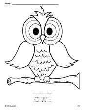 Free printable owl coloring page and word tracing worksheet, perfect for preschool, pre-k, and kindergarten, PDF