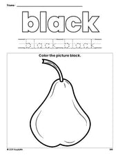 Free pear color black coloring page and color worksheet, black worksheet for preschoolers to learn colors, printable PDF