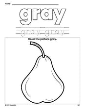 Free pear color gray coloring page and color worksheet, gray worksheet for preschoolers to learn colors, printable PDF