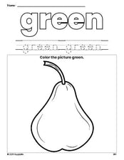 Free pear color green coloring page and color worksheet, green worksheet for preschoolers to learn colors, printable PDF