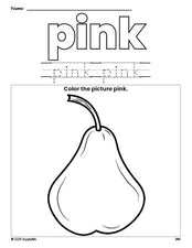 Free pear color pink coloring page and color worksheet, pink worksheet for preschoolers to learn colors, printable PDF