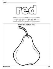 Free pear color red coloring page and color worksheet, red worksheet for preschoolers to learn colors, printable PDF