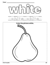 Free pear color white coloring page and color worksheet, white worksheet for preschoolers to learn colors, printable PDF