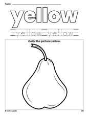 Free pear color yellow coloring page and color worksheet, yellow worksheet for preschoolers to learn colors, printable PDF