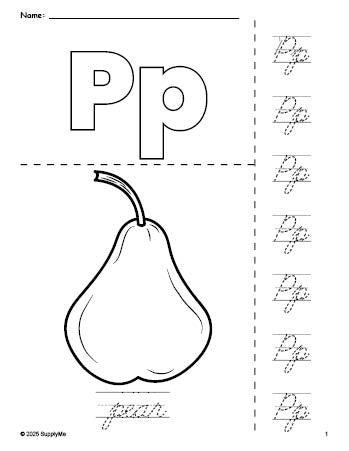 Free printable pear coloring page and cursive letter tracing worksheet, letter p worksheet for preschool, pre-k, and kindergarten, PDF