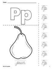 Free printable pear coloring page and cursive letter tracing worksheet, letter p worksheet for preschool, pre-k, and kindergarten, PDF