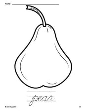 Free printable pear coloring page and cursive word tracing worksheet, perfect for preschool, pre-k, and kindergarten, PDF