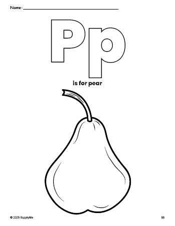 Free printable pear coloring page, letter p coloring page for preschool, pre-k, and kindergarten, PDF