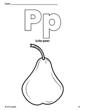 Free printable pear coloring page, letter p coloring page for preschool, pre-k, and kindergarten, PDF