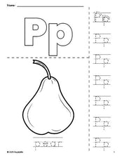 Free printable pear coloring page and letter tracing worksheet, letter p worksheet for preschool, pre-k, and kindergarten, PDF