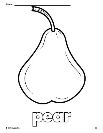 Free printable pear coloring page for preschool, pre-k, and kindergarten, PDF