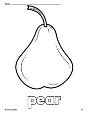 Free printable pear coloring page for preschool, pre-k, and kindergarten, PDF