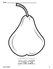 Free printable pear coloring page and word tracing worksheet, letter formation guides, perfect for preschool, pre-k, and kindergarten, PDF