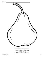 Free printable pear coloring page and word tracing worksheet, perfect for preschool, pre-k, and kindergarten, PDF