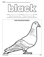 Free pigeon color black coloring page and color worksheet, black worksheet for preschoolers to learn colors, printable PDF