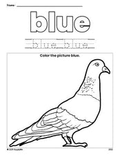 Free pigeon color blue coloring page and color worksheet, blue worksheet for preschoolers to learn colors, printable PDF