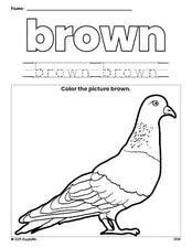 Free pigeon color brown coloring page and color worksheet, brown worksheet for preschoolers to learn colors, printable PDF