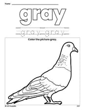 Free pigeon color gray coloring page and color worksheet, gray worksheet for preschoolers to learn colors, printable PDF