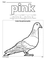 Free pigeon color pink coloring page and color worksheet, pink worksheet for preschoolers to learn colors, printable PDF