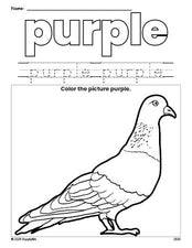 Free pigeon color purple coloring page and color worksheet, purple worksheet for preschoolers to learn colors, printable PDF