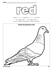 Free pigeon color red coloring page and color worksheet, red worksheet for preschoolers to learn colors, printable PDF