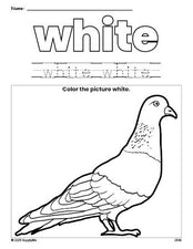 Free pigeon color white coloring page and color worksheet, white worksheet for preschoolers to learn colors, printable PDF