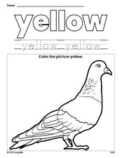 Free pigeon color yellow coloring page and color worksheet, yellow worksheet for preschoolers to learn colors, printable PDF