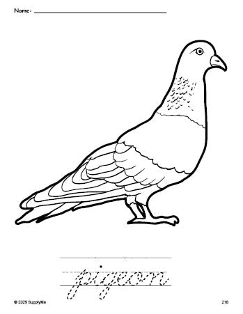 Free printable pigeon coloring page and cursive word tracing worksheet, perfect for preschool, pre-k, and kindergarten, PDF