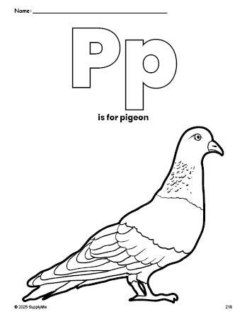 Free printable pigeon coloring page, letter p coloring page for preschool, pre-k, and kindergarten, PDF